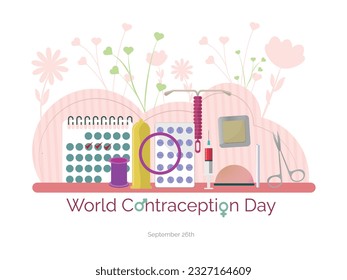 World Contraception Day.September 26.Icons of possible contraceptive methods.