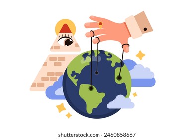 In: World control power conspiracy theory. Geschäftsmann Hand mit Marionettensaite manipulieren alle Gesellschaft und Regierungen, geheime illuminati Auge sehen von Freimaurer Pyramide Cartoon Vektorillustration