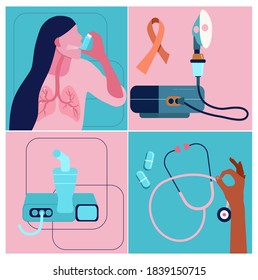 Concepto de enfermedad pulmonar obstructiva crónica.Día Internacional de la Neumonía.Respira una chica asmática con un inhalador.Nebulizadores diferentes para todas las edades.Vector