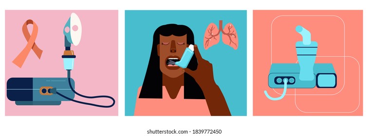 World COPD awareness month illustrations set.Chronic obstructive pulmonary disease concept.International Pneumonia day.Asthmatic girl breathes with an inhaler.Different nebulizers for all ages.Vector