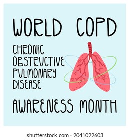 Cartel del día mundial de la EPOC, enfermedad pulmonar obstructiva crónica, cartel con letras. Sistema de pulmones humanos sanos dibujado a mano. Ilustración vectorial de dibujos animados.