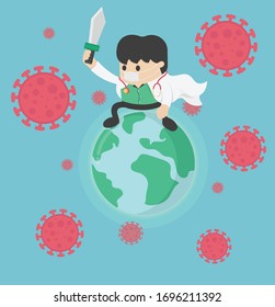 World Corona virus attack concept. doctor fight virus fight Stop Covid-19