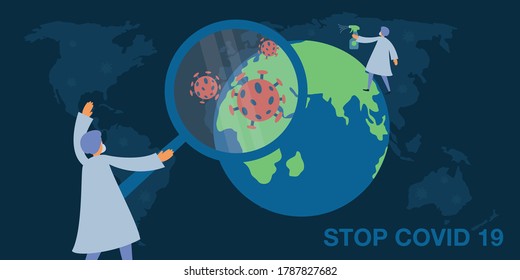 World Corona-Virus-Angriffskonzept.Spray, Arzt Kampf gegen Virus Stopp Covid-19.