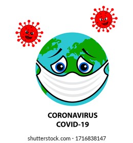 World coronavirus or covid-19 attack concept. Sad cartoon Earth with medical mask. Earth fight against corona virus. Vector illustration.