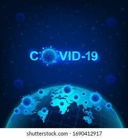World and Coronavirus covid-19 outbreak for social distancing awareness and protecting alert against dangerous disease risk spread. Medical health concept with virus microscopic view. Vector 3D