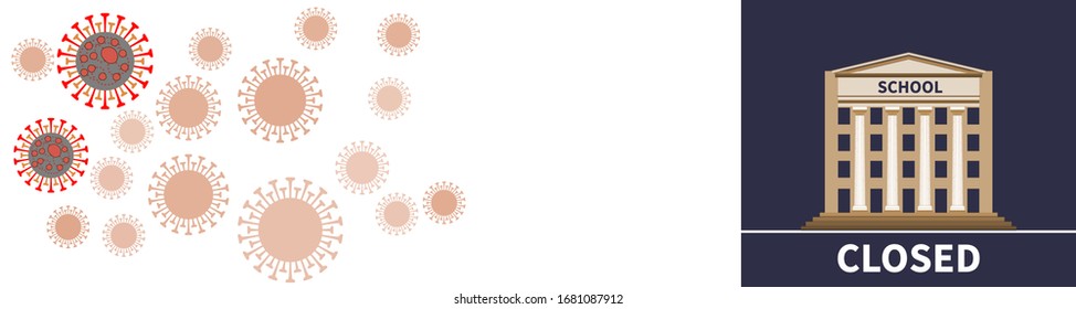 World coronavirus at school and antiviral quarantine. School building and school cancellation. School closed due to news on coronavirus. Viral quarantine concept. Coronavirus particles fly in air.