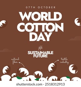 World Cotton Day. 7th October Cotton day celebration banner with cotton flowers. The day acknowledges the vital role cotton plays and its economic and social impact around the world.