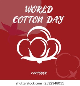 World Cotton Day. 7th October Cotton day celebration banner with cotton flowers on a plant. The day acknowledges the vital role cotton plays and its economic and social impact around the world.