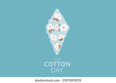 World cotton day banner template. Ripe cotton bolls emblem. Purity, innocence, and new beginnings symbols. Vector illustration.