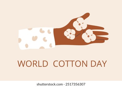 World cotton day banner template. Ripe cotton bolls in hand emblem. Purity, innocence, and new beginnings symbols. Vector illustration.