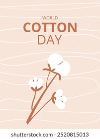 World cotton day banner template. Cotton branch emblem. Purity, innocence, and new beginnings symbols. Vector flat illustration.