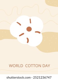 World cotton day banner template. Ripe cotton boll emblem. Purity, innocence, and new beginnings symbols. Vector illustration.