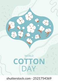 World cotton day banner template. Ripe cotton bolls damask emblem. Purity, innocence, and new beginnings symbols. Vector illustration.