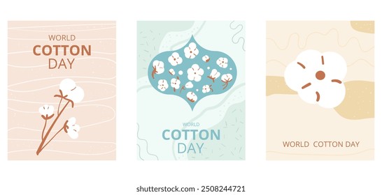 World cotton day banners templates set. Ripe cotton bolls emblems cards. Purity, innocence, and new beginnings symbols. Vector illustration.