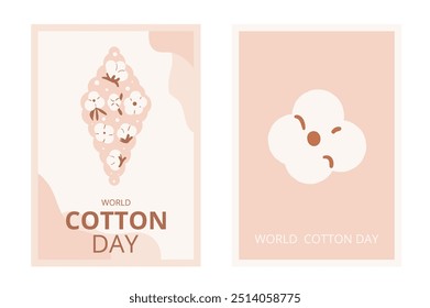 World cotton day greeting cards templates set. Ripe cotton bolls emblems collection. Purity, innocence, and new beginnings symbols. Vector illustration.