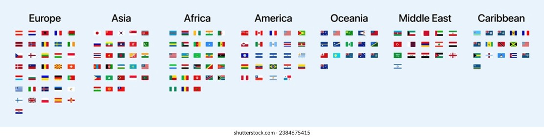 World countries flags icons. A large set of flags of the countries of the world. Flags of the continents Europe, Asia, Africa, America, Oceania, Middle East, Caribbean. Vector icons