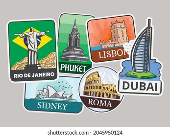 The World Countries Landmarks in Flat Style, Badge logo, Famous Place and Historical Buildings, Travel and Tourist Attraction