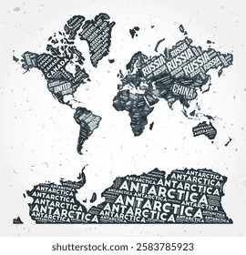 World countries word clouds. World shape on textured background. Typographic style design. Artistic vector illustration.