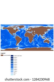 World Country Map With Ocean Dept (Bathymetry) - Vector. Brown Area, Blue Pallette, Graduated Ocean Depth - 1000 M. WGS 1984 Mercator Projection (Projected Coordinate System). Country Borders. Legend