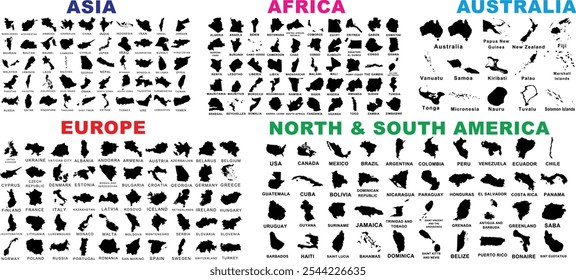 Conjunto de siluetas del mapa del país mundial, continentes de Asia, África, Australia, Europa, América del Norte y América del Sur, fronteras detalladas del país. Perfecto para diseños educativos, geográficos y de viajes