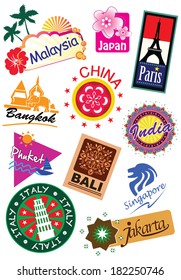 World Country Travel Landmark Icon Sticker Set (vector)