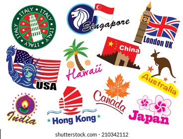 World country travel landmark icon set (vector)