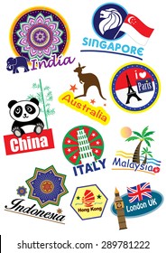 World country travel landmark icon set (vector)