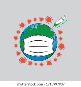 concepto de ataque de virus Covid-19 mundial. mundo/tierra poner máscara para luchar contra el virus Corona. Concepto de lucha contra el virus, el peligro y las enfermedades de salud pública. Muchos ataques de virus. Ilustración del vector