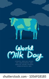 World Cow with cloud, World Milk Day concept flat design illustration isolated on dark blue background with copy space, vector eps 10