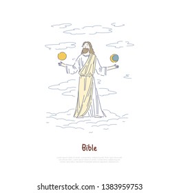 World Creation Myth, God Holding Sun And Moon, Legend And Mythology Book, Religion And Faith Banner Template