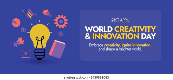 World Creativity and Innovation Day. 21 April World creativity and innovation day celebration cover banner with icons of bulb, gear, book, puzzle pieces, bar chart, pie chart. Conceptual cover banner.