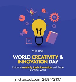 World Creativity and Innovation Day. 21st April World creativity and innovation day celebration banner with icons bulb, gear, book, puzzle pieces, bar chart, pie chart. Conceptual banner to explore.