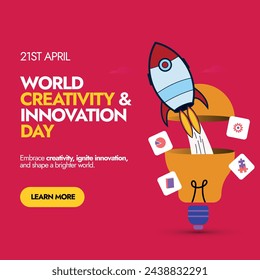 Día Mundial de la Creatividad y la Innovación. 21 de abril Banner de celebración del Día Mundial de la Creatividad y la Innovación en color rosa oscuro con una bombilla y una nave espacial que se lanza desde ella con iconos de equipo, libro, carta