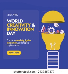 World Creativity and Innovation Day. 21st April world creativity and innovation day celebration banner in purple colour background with a half open light bulb and icons of different things in it. 