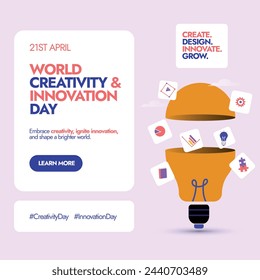 World Creativity and Innovation Day 21st April banner design. World creativity and innovation day celebration banner with a light bulb in half with cute icons of book, pie chart  coming out of it. 