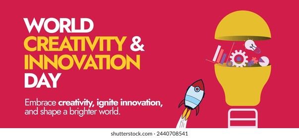 World Creativity and Innovation Day. 21st April World Creativity and innovation day cover banner in dark pink colour with a launching spaceship, bulb in half and icons of gear, book, chart in it. 