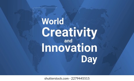 World Creativity and Innovation Day holiday card. Poster with earth map, blue gradient lines background, white text. Flat style design banner. Vector illustration.