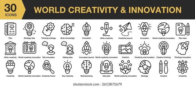 World Creativity and Innovation icon set. Includes innovation, creative, technology, idea, world, creativity, and More. Outline icons vector collection.