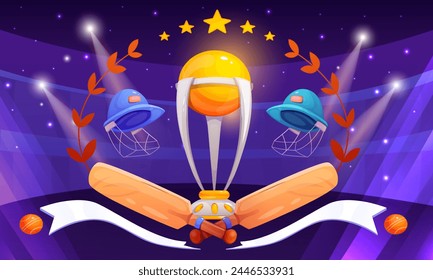 Anuncio del Campeonato Mundial de Críquet. Afiche para eventos deportivos o partidos con bates de madera, pelota de cricket, cascos y trofeo para el ganador. Fondo para el encabezado de la competencia. Ilustración vectorial de neón