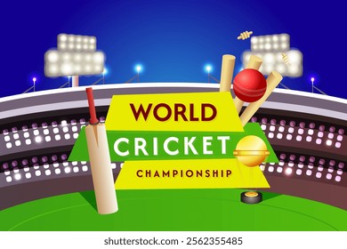 World cricket championship concept design with ball, bat and golden trophy on stadium background