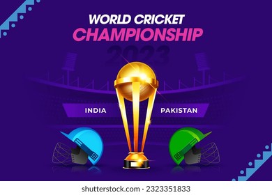 El Campeonato Mundial de Cricket Concipet India vs Pakistan cabezal o banner con trofeo ganador sobre el fondo del estadio.