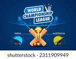 World Cricket Championship League Conept India vs Australia match header or banner with cricket ball, bat and winning trophy on stadium background.