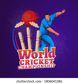 World Cricket Championship Text in Sticker Style with Noise Effect Bowler Player and Red Ball Hitting Wickets on Purple Halftone Effect Background.