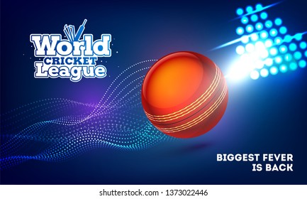 World Cricket League banner design with cricket ball on blue futuristic technology background.