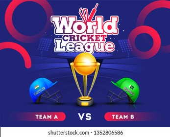 World cricket league concept with India vs Pakistan match banner or poster, cricket attire helmets of respective country and winning trophy on stadium background.