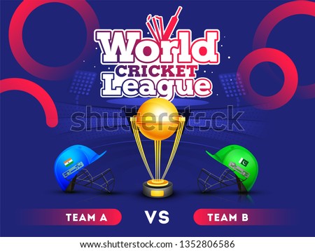 World cricket league concept with India vs Pakistan match banner or poster, cricket attire helmets of respective country and winning trophy on stadium background.