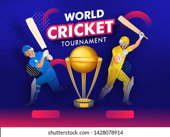 World Cricket Tournament banner or poster design with champion trophy and batsmen character of participant teams. svg