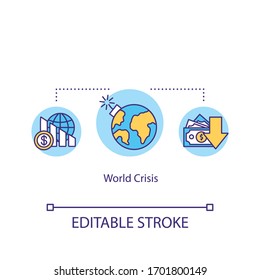 World crisis concept icon. International financial emergency, global economics problem idea thin line illustration. Stock market crash. Vector isolated outline RGB color drawing. Editable stroke