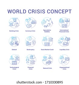 World crisis concept icons set. International disaster situation, emergency event with global negative changes idea thin line RGB color illustrations. Vector isolated outline drawings