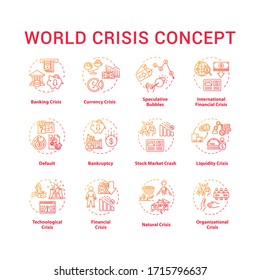 World crisis concept icons set. International disaster situation, emergency event with global negative changes idea thin line RGB color illustrations. Vector isolated outline drawings